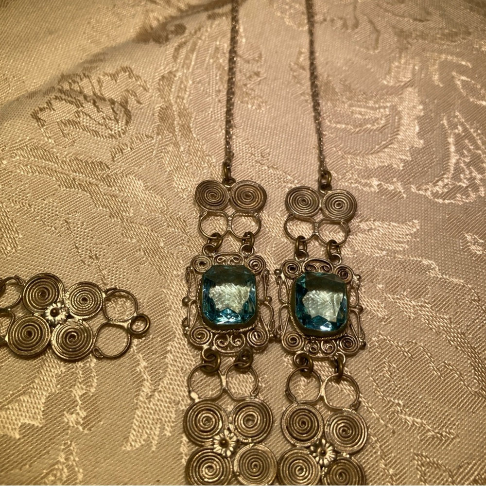 Vintage Silver and Blue Filigree Cameo Necklace & Bracelet set 1930’s - Picture 5 of 13